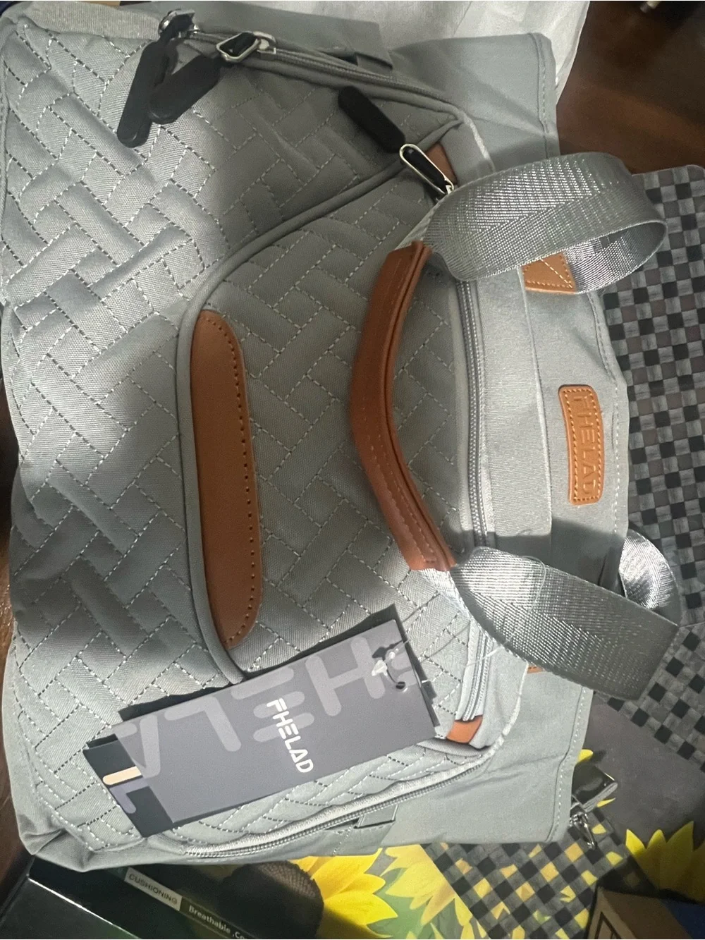 FHELAD quilted nylon diaper bag tote in Morandi Grey